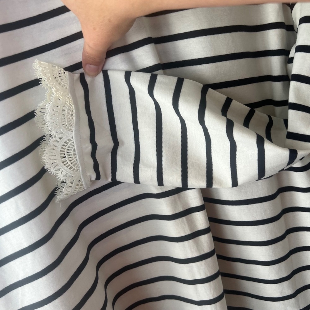 Talbots Striped Lace Trim Mock Neck Top Black White Cotton Long Sleeve Large L - Picture 6 of 8